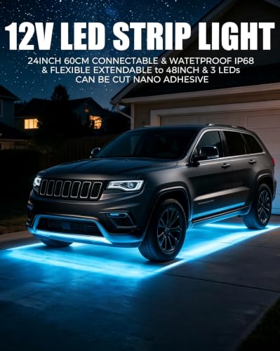Keiurot 12V Led Light Strip for Cars 24Inch Connectable & Waterproof, 4Pack - color: Ice Blue Led Strip 24" Connectable