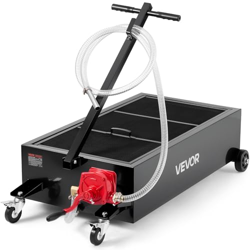 VEVOR Low Profile Oil Drain Pan, 25 Gallon Capacity, Rolling Oil Drain Pan with Manual Pump, 7.2 ft Hose & T Folding Handle, Leak-Proof & Corrosion-Resistant, Fit for Cars, SUVs, Trucks, ATVs, Black - size: 25 Gallon