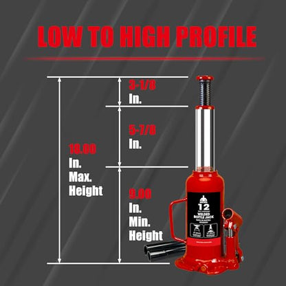 Jack Boss Bottle Jack 12 Ton (24,000 LBs) Hydraulic Car Jack, Fit for Auto Truck Repair and House Lift, Red - size: 12 TON