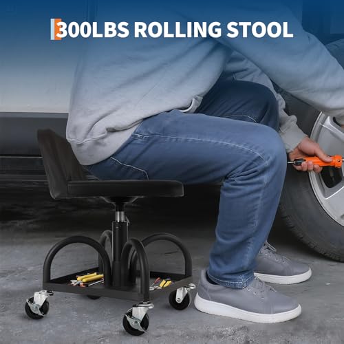 Rolling Shop Stool w/ 3" Locking Swivel Wheels, 300LB Capacity, 15.7"-20.5" Height Adjustable with Soft Cushion & Tool Tray, Telescoping Mechanic Seat for Garage, Auto Repair, Heavy-Duty, Black - size: Black-2