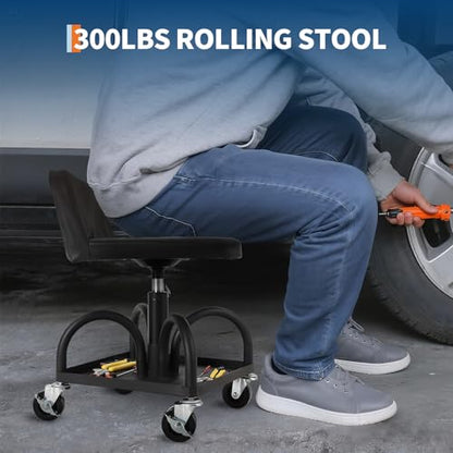 Rolling Shop Stool w/ 3" Locking Swivel Wheels, 300LB Capacity, 15.7"-20.5" Height Adjustable with Soft Cushion & Tool Tray, Telescoping Mechanic Seat for Garage, Auto Repair, Heavy-Duty, Black - size: Black-2