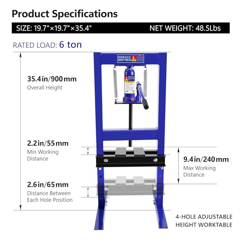 6 Ton Hydraulic Shop Press, H-Frame Heavy-Duty Floor Press with 4-Hole Adjustable Height & Movable Plates for Garage, Bending, Straightening & Bearing Removal