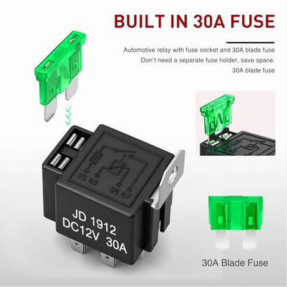 Nilight 5 Pack Fused 4Pin Relay with Socket 30A Switch Harness Kit SPST - color: Fuse Relay 5 Pack