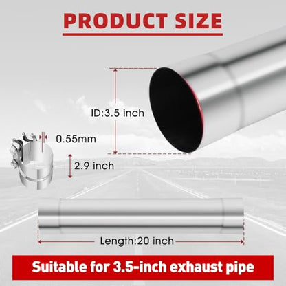 LCGP 3.5 Inch Straight Exhaust Pipe, 3.5" Stainless Steel Straight Muffler Replacement Pipe, 20" Length Mandrel Exhaust Tube with Two Lap Joint Band Clamps(New Version) - size: 3.5 Inch, style: 20 Inch Long