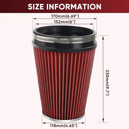 6" 152mm Cold Air Intake Filter Clamp-On Cone Filter Red - color: Red, size: 9 inches Tall