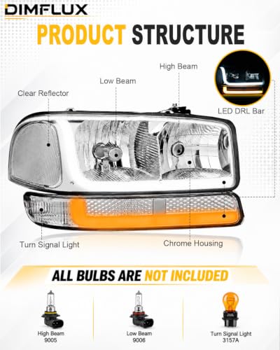 LED DRL Headlights Fit 1999-2007 GMC Sierra 1500/2001-2007 GMC Sierra 1500HD 2500HD 3500 (Only Fits 07 Classic Models,Not Fit All Denali Trims), Fit 99-06 Yukon Chrome Housing Clear Reflector - color: Chrome Housing Clear Reflector