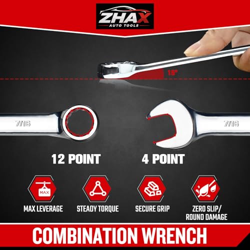 zhax 7/16" SAE Combination Wrench, 12 Point Box End, 15 Degree Offset Design, Mirror Polish Finish, Forged CR-V Steel, Hand Tools for Mechanics, Ideal for Auto and Home Repair - size: 7/16"