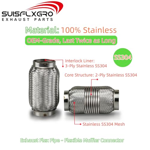 Exhaust Flex Pipe (Interlock Lining OEM-Grade) 100% Stainless Steel SS304 For Heavy Duty and Cars (1 PC, 2.5X6) - size: 2.5X6