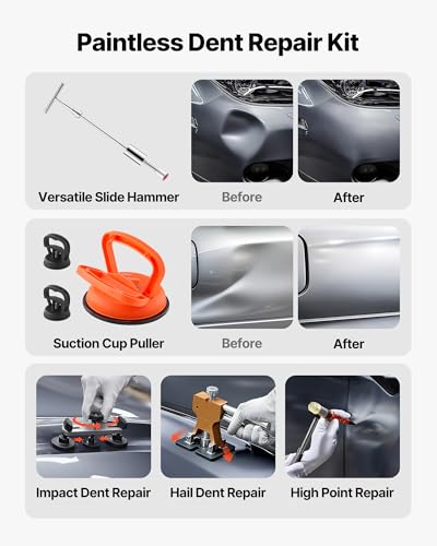 VEVOR Dent Puller Kit, 100 PCS Paintless Dent Removal Kit with Golden Lifter, Bridge Puller, Slide Hammer T-Bar, Glue Gun, Auto Body Hail Damage Remover Tools for Car Refrigerator Door Ding Repair - size: 100PCS