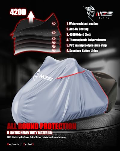 MZS Motorcycle Cover Waterproof Outdoor, Heavy Duty All Season Weather Protection with Cotton Lining Vents Night Reflective Lock Holes Storage Bag fits up to 96" Motorcycle Powersports Vehicle Cover - size: X-Large 96 inches