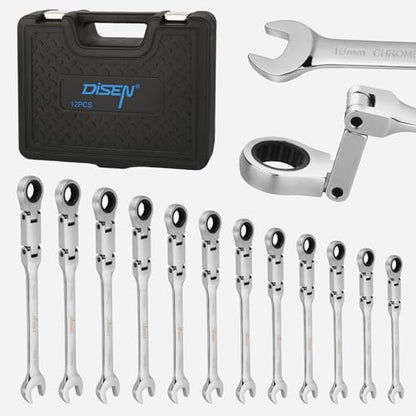 DISEN 12pcs Ratchet Wrenches Set Double Jointed, Metric Flex Head Ratcheting Wrench Set 8-19mm, Open End & Box End Combination Wrench, 72-Teeth, Cr-V Steel, with Heavy Duty Case - size: 12pc Metric Set