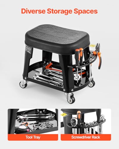 VEVOR Mechanic Stool, 300 lbs Capacity, Black, Industrial Style, Plastic Seat, Wheels, 360 Swivel, Tool Tray, Screwdriver Rack