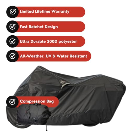 Dowco WeatherAll Plus Motorcycle Cover, Ratchet Attachment, Black, Waterproof, XXL [52005-02]Professional Grade. - size: XXL