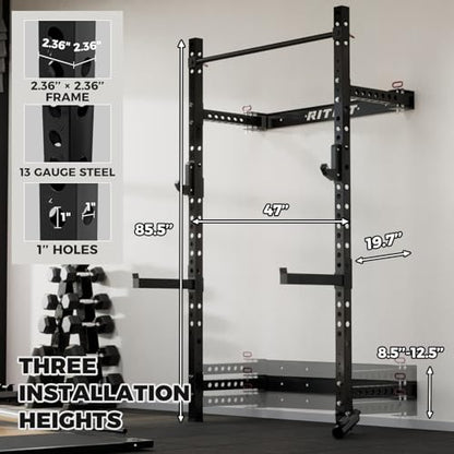 RitFit 2.36'' x 2.36'' Folding Squat Rack for Home Gym, Wall Mounted Squat Rack with Attachments - Space Saving Squat Power Rack - color: Black, style: Folding Squat Rack