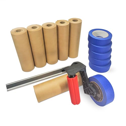 IDL Packaging All-You-Need Masking Kit 9" x 60 Yards Brown Masking Paper (6 Rolls) & 1.41" x 60 Yards Blue Tape (6 Rolls) & Manual Paper/Tape Dispenser (Built-in Blade) - size: Pack of 6, style: Masking Kit 9" Blue