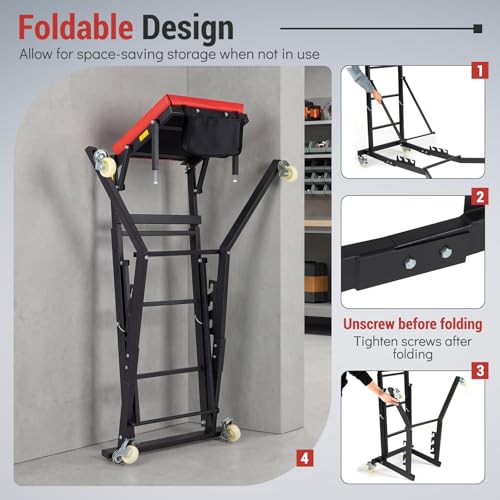 Topside Automotive Engine Creeper, Foldable Mechanic Creeper with 42"-69" Adjustable Height, Casters & Tool Pouch, 400 LBS Capacity Creeper for Truck, SUV & Garage Repair, Black & Red