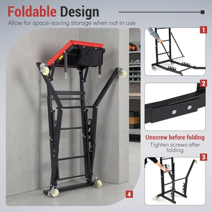 Topside Automotive Engine Creeper, Foldable Mechanic Creeper with 42"-69" Adjustable Height, Casters & Tool Pouch, 400 LBS Capacity Creeper for Truck, SUV & Garage Repair, Black & Red