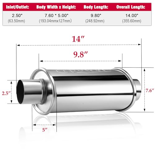 Upower 2.5 inch Ultra Quiet Resonator, 304 Stainless Steel Exhaust Muffler 2.5", 2.5'' Inlet & Outlet 14" Overall Length Universal Oval Performance Muffler Resonator - size: 2.5 Inch