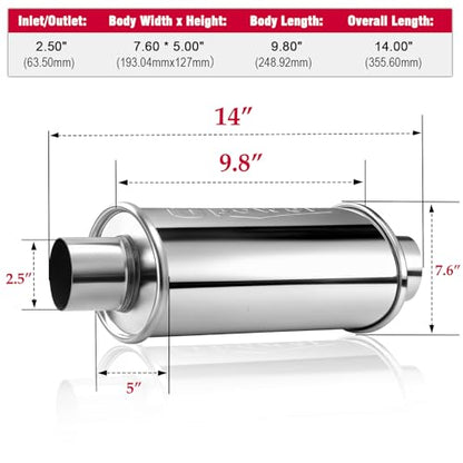 Upower 2.5 inch Ultra Quiet Resonator, 304 Stainless Steel Exhaust Muffler 2.5", 2.5'' Inlet & Outlet 14" Overall Length Universal Oval Performance Muffler Resonator - size: 2.5 Inch