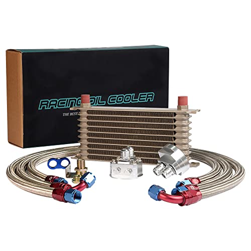 PIT66 Universal AN10 Engine Transmission Oil Cooler Compatible with Japanese Model Gold 10 Row Aluminum with Filter Relocation Kit A Set - color: Gold, size: 10 Row Japanese Model-A Set