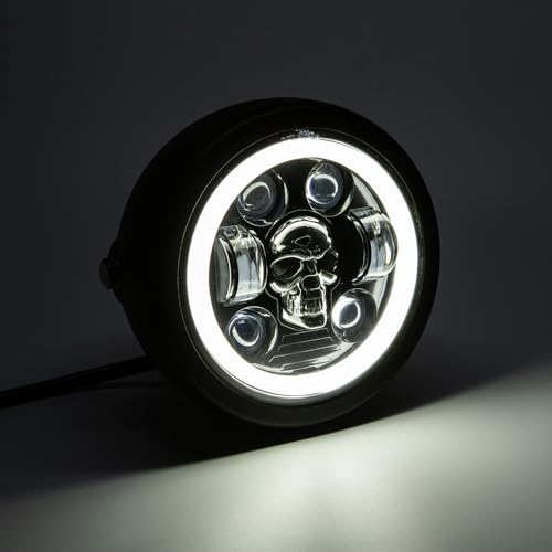 Motorcycle Headlight 5.75 inch Round LED with Mounting Brackets Assembly, Front Headlamp with DRL High/Low Beam for Cafe Racer E-bike Bobber Chopper (style D) - style: style D