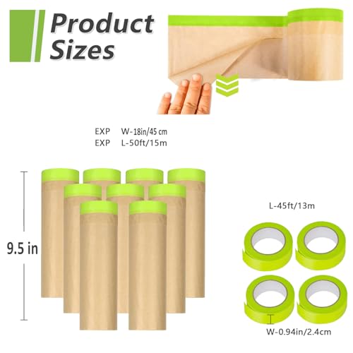 9 Rolls Pre-Taped Masking Paper for Painting and 4 Rolls Masking Tape Set -18 inch x 50 feet Tape and Drape for Painting, Painters Paper for Automotive Paint Masking, Floor Protection,Wall Covering