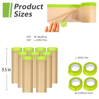 9 Rolls Pre-Taped Masking Paper for Painting and 4 Rolls Masking Tape Set -18 inch x 50 feet Tape and Drape for Painting, Painters Paper for Automotive Paint Masking, Floor Protection,Wall Covering