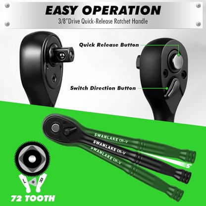 105-Piece 3/8" Drive Impact Socket Set, SAE (5/16 to 3/4 inch) and Metric (8-22mm) 6 Point CR-V Steel Socket Wrench Set, Extension Bars, Universal Joint, Ratchet Handle, Screwdriver Bit Mechanic Tool - style: 3/8'' 105PCS