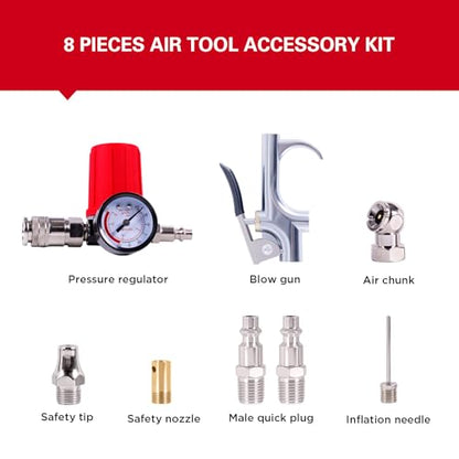 ECOMAX Wall Mount Air Compressor With 8 PCS Accessory Kit, Tire Inflator Portable Air Compressor with Retractable 30ft Air Hose, Mini Tank 125 PSI MAX Pressure & 1.5 HP for Garage and Home