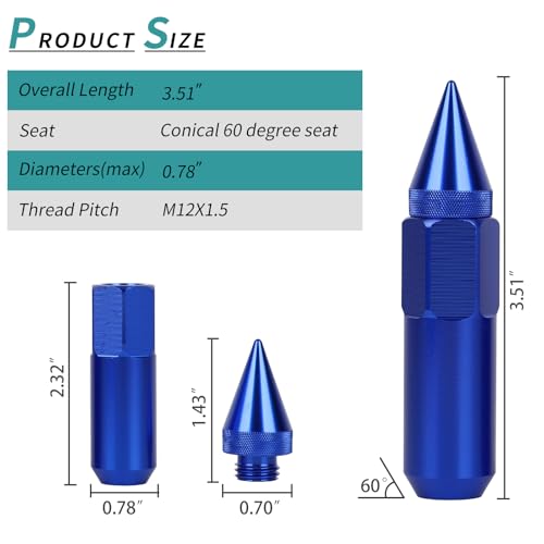 M12x1.5 Spikes Lug Nuts, 20pcs 60mm Aluminum Wheel Nuts - color: Blue