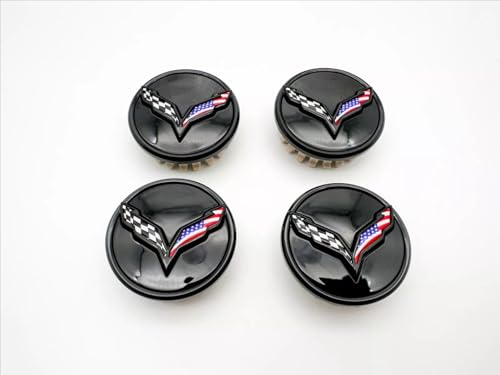 Set of 4Pcs Wheel Center Cap Replacement for 2014+ C7 Corvette Stingray Center Caps w/Crossed Flag Logo 68mm 2.7" 23217059 (Black Blue) - color: Black Blue
