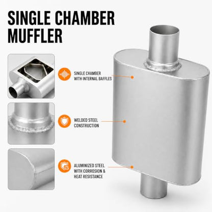 Pair of 2.5" ID Center/Center Single Chamber Mufflers, Aluminized Steel - color: SILVER, size: 2.5 Inch