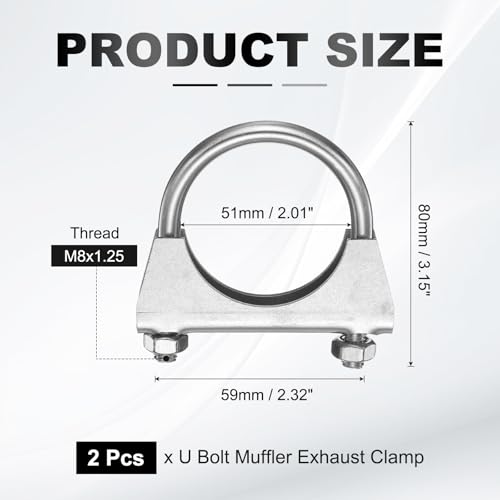 HARFINGTON 2pcs U Bolt Muffler Exhaust Clamp 51mm/2.01" 304 Stainless Steel U-Bolt Clamps Muffler Tip Hook Saddle Exhaust Clip for Tip Pipes Connection - size: 51mm