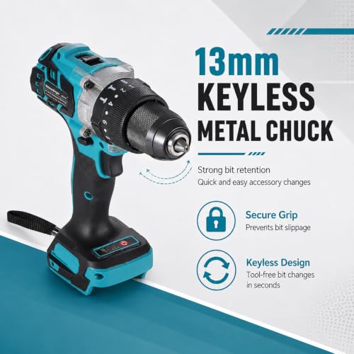 1300 In-lbBrushless Impact Drill for Makita 18V Battery, 1/2'' Metal Chuck Hammer Drill - color: Impact Drill With Handle