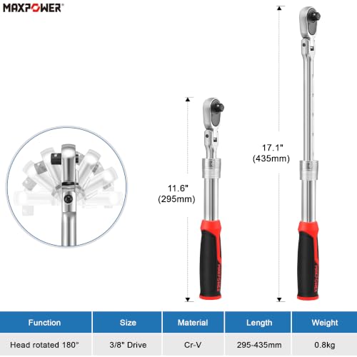 MAXPOWER 3/8" Dr Flex Head Socket Wrench, Extendable 11.6"- 17.1, Soft Grip - size: 3/8"