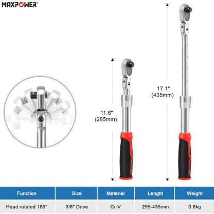 MAXPOWER 3/8" Dr Flex Head Socket Wrench, Extendable 11.6"- 17.1, Soft Grip - size: 3/8"