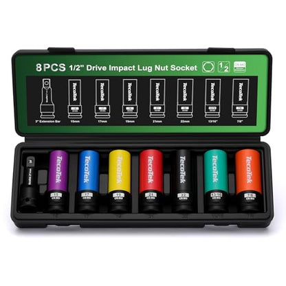 TecoTek 8PCS 1/2" Drive Lug Nut Socket Set, Metric 15 17 19 21 22 MM & SAE 13/16 7/8 in. Wheel Socket Set, Lug Nut Removal Tool, Thin Wall Lug Nut Sockets with Colored Protective Covers