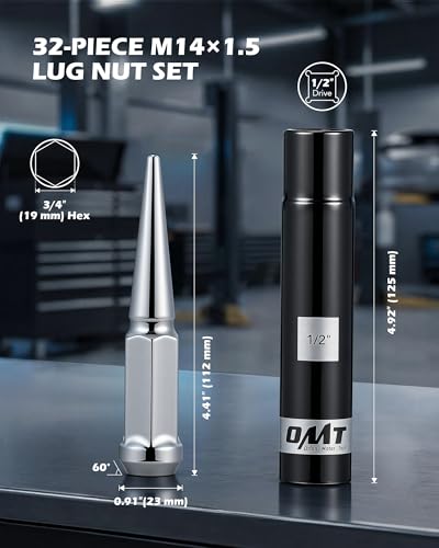 OMT M14x1.5 Spike Lug Nuts, 32pcs Lug Nuts Set with 1 Socket Key - color: Silver, size: M14x1.5, style: 32Pcs Spike Hex Tuner