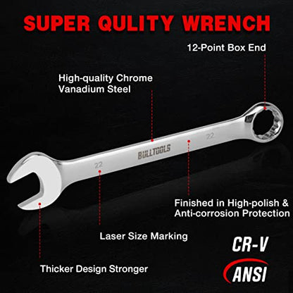 BULLTOOLS 32-Piece Combination Wrench Set, SAE and Metric 1/4"-1" & 7mm-22mm Wrenches Chrome Vanadium Steel Box End and Open End Standard Wrench Set with Case