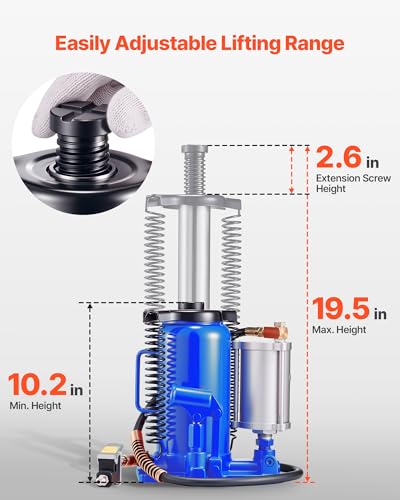 VEVOR Air Hydraulic Bottle Jack, 20 Ton (44092 lbs) Capacity, 10.2-19.5 Inch Lifting Range, Pneumatic/Manual Heavy Duty Welded Bottle Jack with Pump for Car, SUV, Pickup, Truck, RV, Auto Repair - color: blue