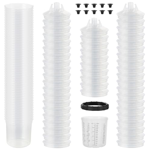 Disposable Paint Sprayer Mixing Cup Kit for Automotive Paint Gun, HVLP Paint Spray Paint Gun 125 Micron 22 oz (650ml) – Includes 50 Cup Liners, 50 Lids, 1 Hard Cup, 1 Retainer Ring & 10 Plugs