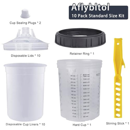 Disposable Paint Sprayer Mixing Cup for Automotive Paint Gun, HVLP Paint Spray Paint Gun 27 Ounce (800ml) Kit with 10 Cups and Lids System, 1 Hard Cup with Retainer Ring and 2 Plugs - size: 27 Ounce Kit