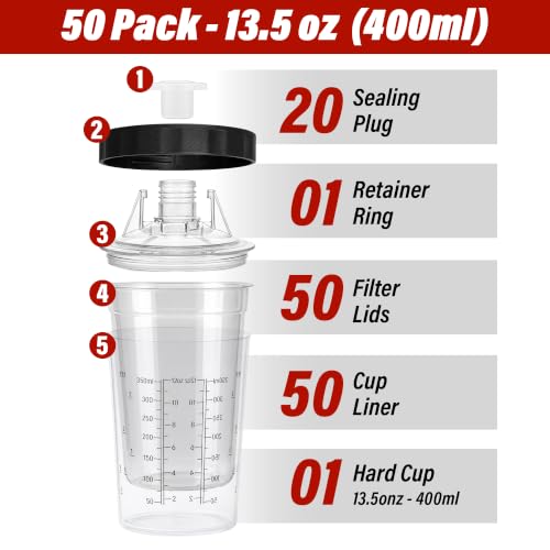LAUCO Disposable Spray Gun Paint Cups Kit – 50 Pack Liners & Lids with 125 Micron Strainer, Hard Cup, Retainer Ring & Plugs (400ml/13.5oz Kit) 25983 - size: 400ml/13.5oz Kit