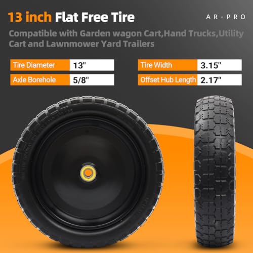 AR-PRO (2-Pack) 13" Flat Free Tire and Wheel - with 5/8" Axle Bore Hole, 2.17" Offset Hub - 13 lnch Solid Wheels Compatible with Garden wagon Cart,Hand Trucks,Utility Cart and Lawnmower Yard Trailers - size: 13" Solid Tire (2-Wheel)