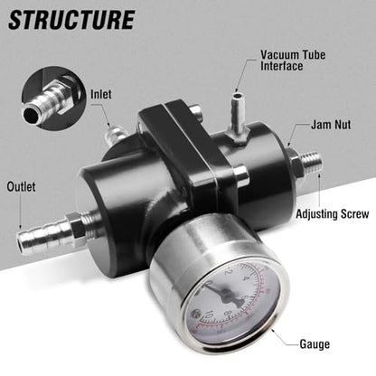 Adjustable Fuel Pressure Regulator With Gauge Hose 0-140 PSI Universal 6AN FPR Kit Aluminum Black - color: black