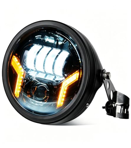 7inch LED Motorcycle Headlight with White DRL Amber Turn Signal Light with Headlight Housing Bucket Mount Brackets Compatible with CB400 CB1300 Vulcan custom XS650 Chopper Cafe Racer Bobbe - color: Black - Classic with Housing