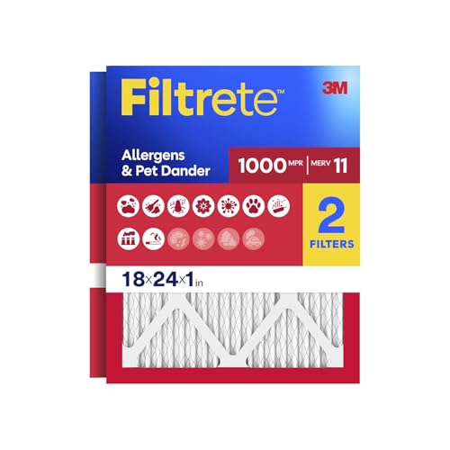 Filtrete 18x24x1 Air Filter, MERV 11, MPR 1000, Allergens & Pet Dander, 3-Month AC and Furnace Filters, Cleaner Air, Reliable Airflow, 2 HVAC Filters (Actual Size 17.68 x 23.68 x 0.81 in) - size: 18x24x1