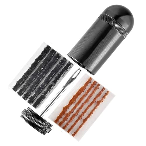 Tubeless Bike Tire Repair Kits for Road Bike MTB Tires, Puncture Flat Tire Tackle Repair Patch Plug Kit, Portable Storage Canister Plugger Tool with 5 Bacon & 5 Black Patch Plug Strips