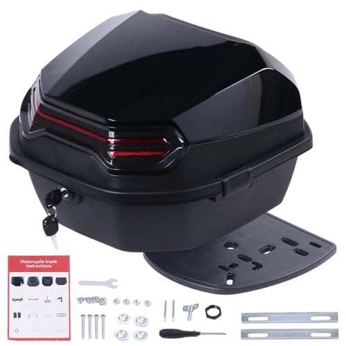 Japard Motorcycle Top Case 42L Daily Rear Tail Box Trunk, Lockable Storage Carrier, Waterproof Universal Mounting for Helmet Luggage (Metal Black) - color: Metal Black