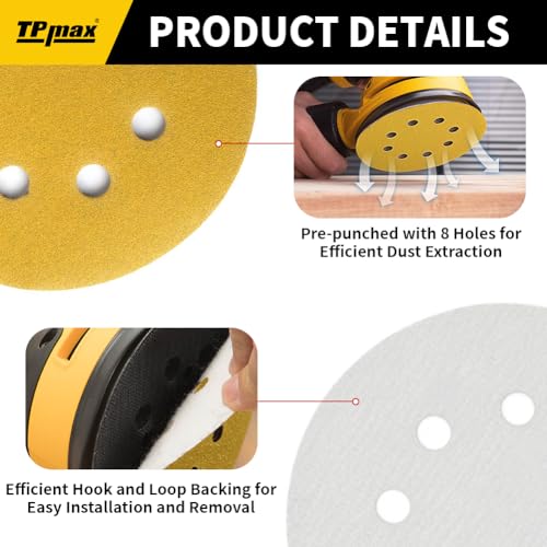 100PCS 5 Inch 220 Grit 125mm 8 Hole Sanding Discs Sandpaper - Premium Gold Round Hook and Loop for Random Orbital Sander - Ideal for Wood, Metal, Automotive - style: 220 Grit - 100 Pack
